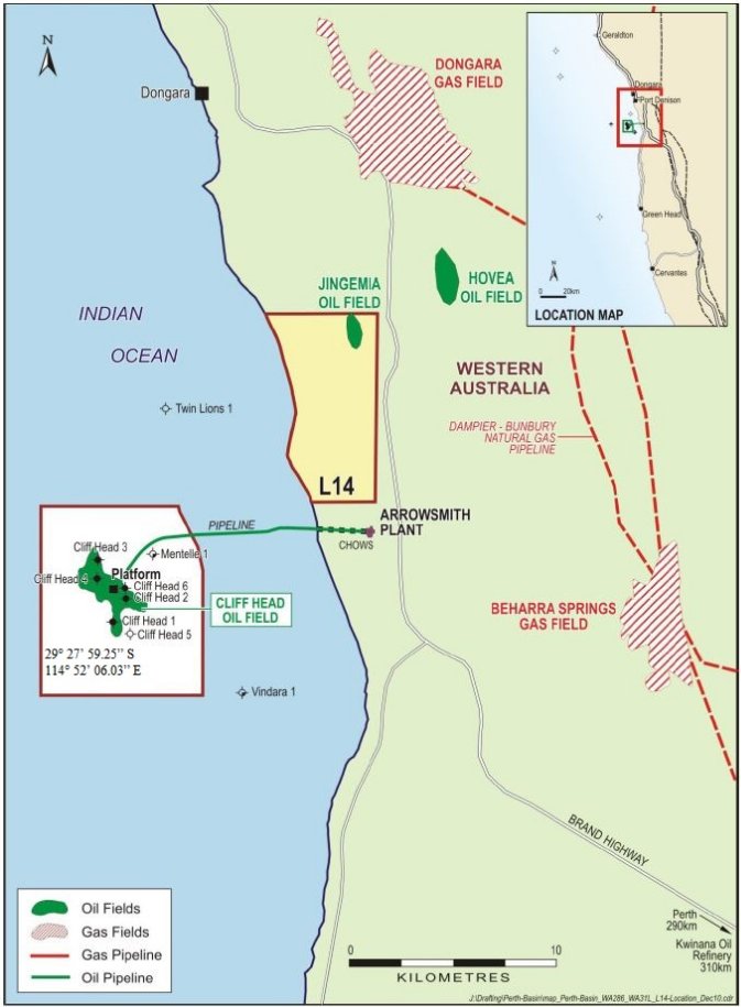 This is a map of the Cliff Head A which has been declared a
security regulated offshore facility. The map shows the location and
boundaries of the security regulated offshore facility for the purposes of
section 17B of the Maritime Transport and Offshore Facilities Security Act
2003.