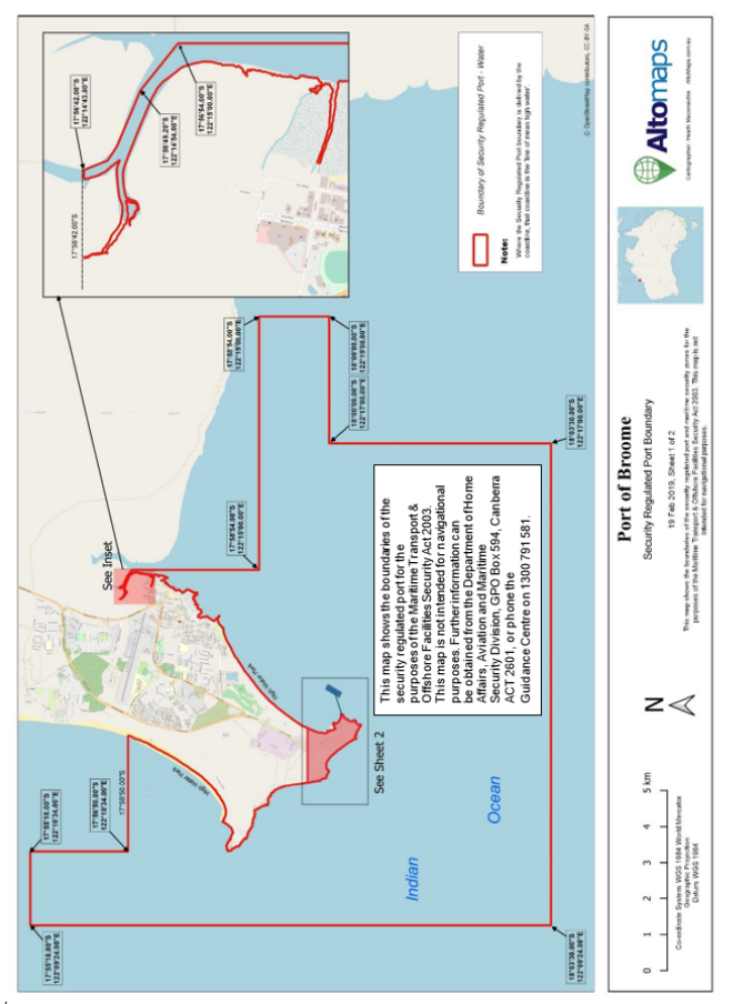 This is a map [map 1 of 2 ] of the Port of Port of Broome which has been declared a security regulated port. The map shows the boundaries of the security regulated port for the purposes of section 13 of
the Maritime Transport and Offshore Facilities Security Act 2003.