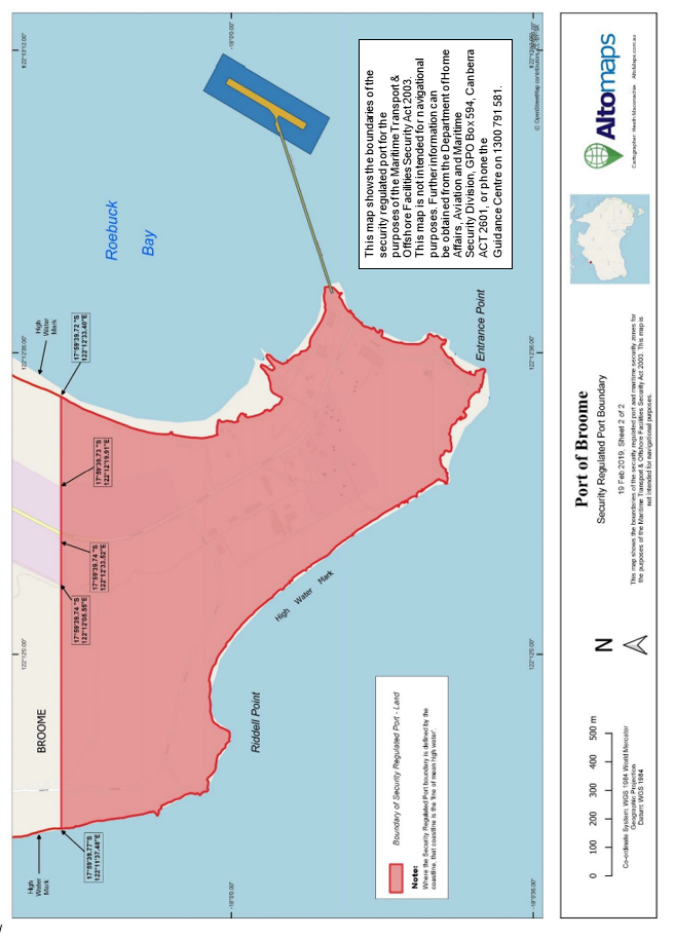 This is a map [map 2 of 2 ] of the Port of Port of Broome which has been declared a security regulated port. The map shows the boundaries of the security regulated port for the purposes of section 13 of
the Maritime Transport and Offshore Facilities Security Act 2003.