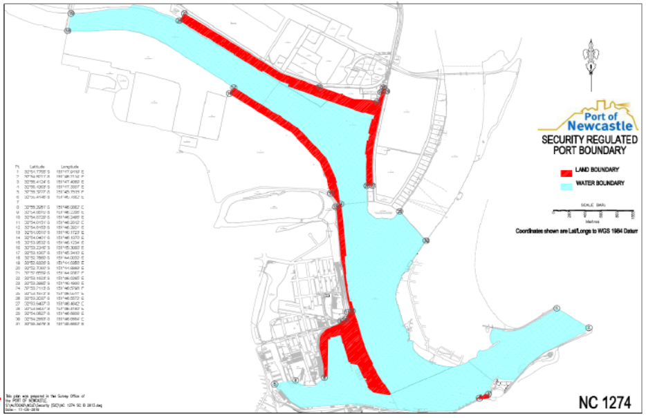 This is a map 1 of 1 of the Port of Newcastle which has been declared a security regulated port. The map shows the boundaries of the security regulated port for the purposes of section 13 of the Maritime Transport and Offshore Facilities Security Act 2003