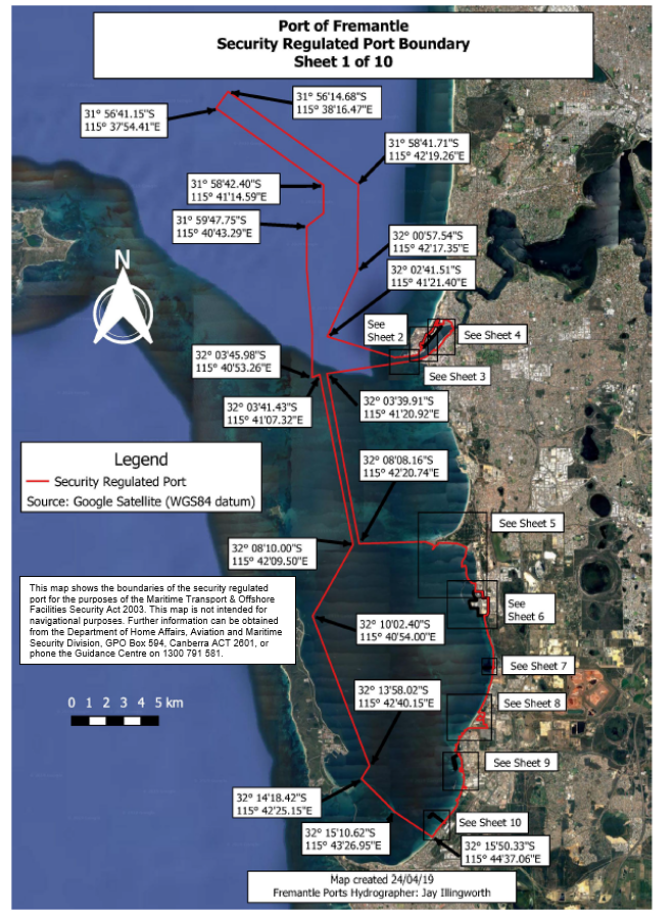 This is a map [map 1 of 10] of the Port of Fremantle
which has been declared a security regulated port. The map shows the
boundaries of the security regulated port for the purposes of section 13 of
the Maritime Transport and Offshore Facilities Security Act 2003.
