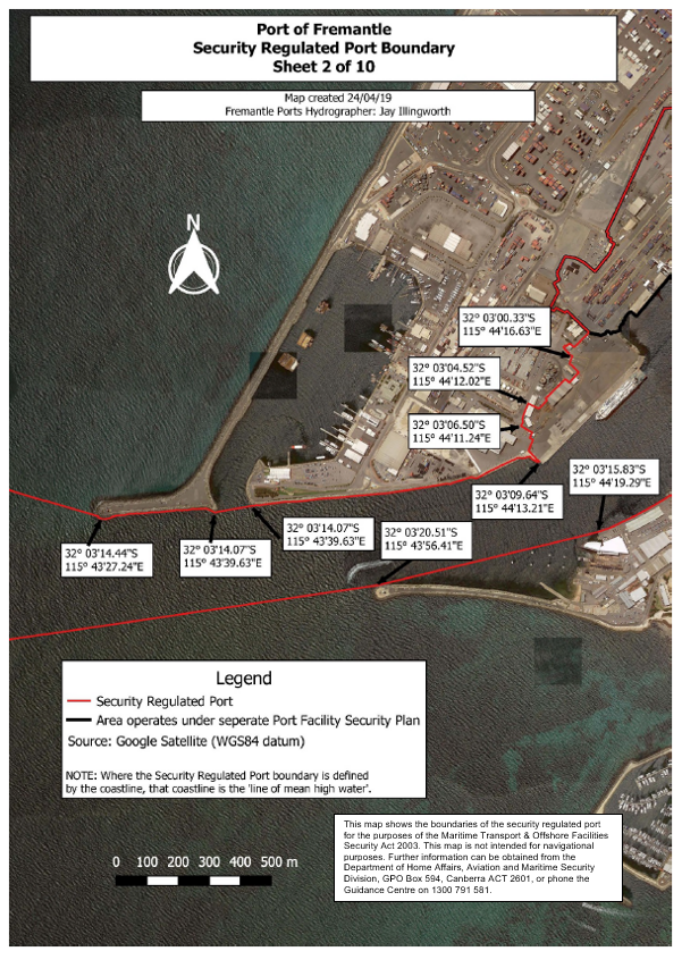 
This is a map [map 2 of 10] of the Port of Fremantle
which has been declared a security regulated port. The map shows the
boundaries of the security regulated port for the purposes of section 13 of
the Maritime Transport and Offshore Facilities Security Act 2003.
