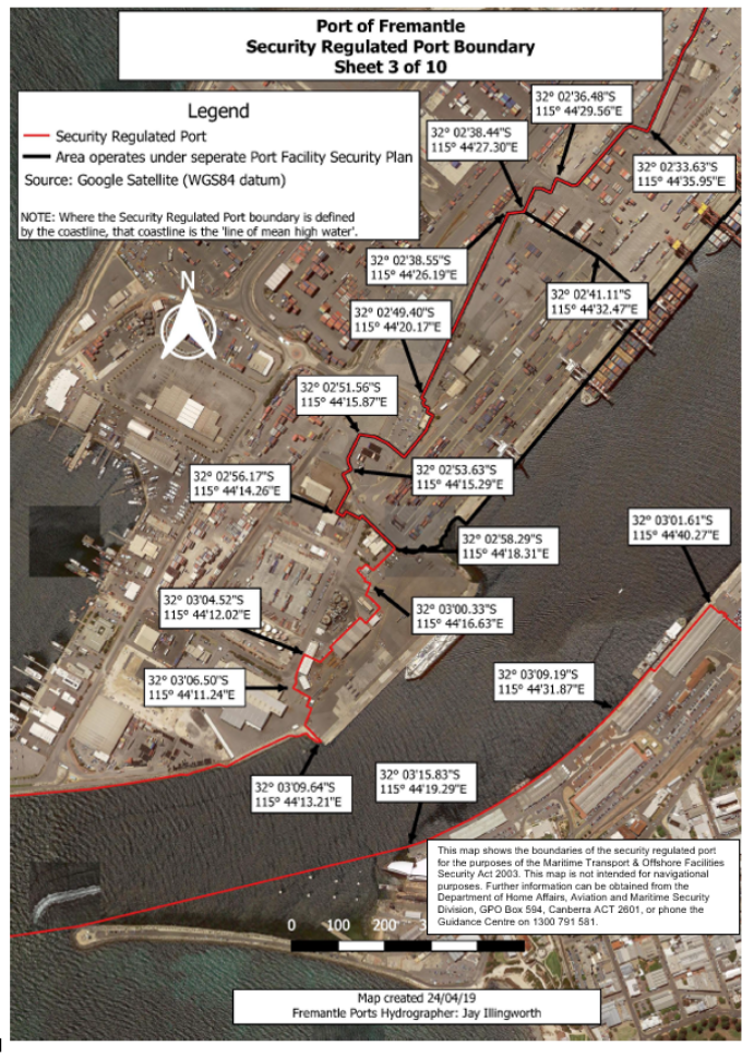 This is a map [map 3 of 10] of the Port of Fremantle
which has been declared a security regulated port. The map shows the
boundaries of the security regulated port for the purposes of section 13 of
the Maritime Transport and Offshore Facilities Security Act 2003.
