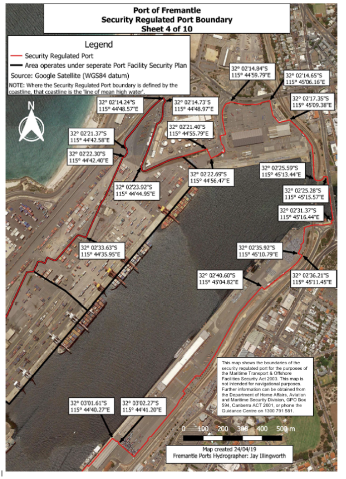 This is a map [map 4 of 10] of the Port of Fremantle
which has been declared a security regulated port. The map shows the
boundaries of the security regulated port for the purposes of section 13 of
the Maritime Transport and Offshore Facilities Security Act 2003.
