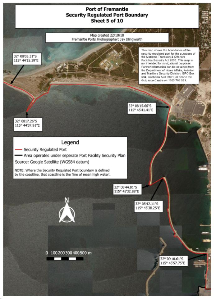 This is a map [map 5 of 10] of the Port of Fremantle
which has been declared a security regulated port. The map shows the
boundaries of the security regulated port for the purposes of section 13 of
the Maritime Transport and Offshore Facilities Security Act 2003.
