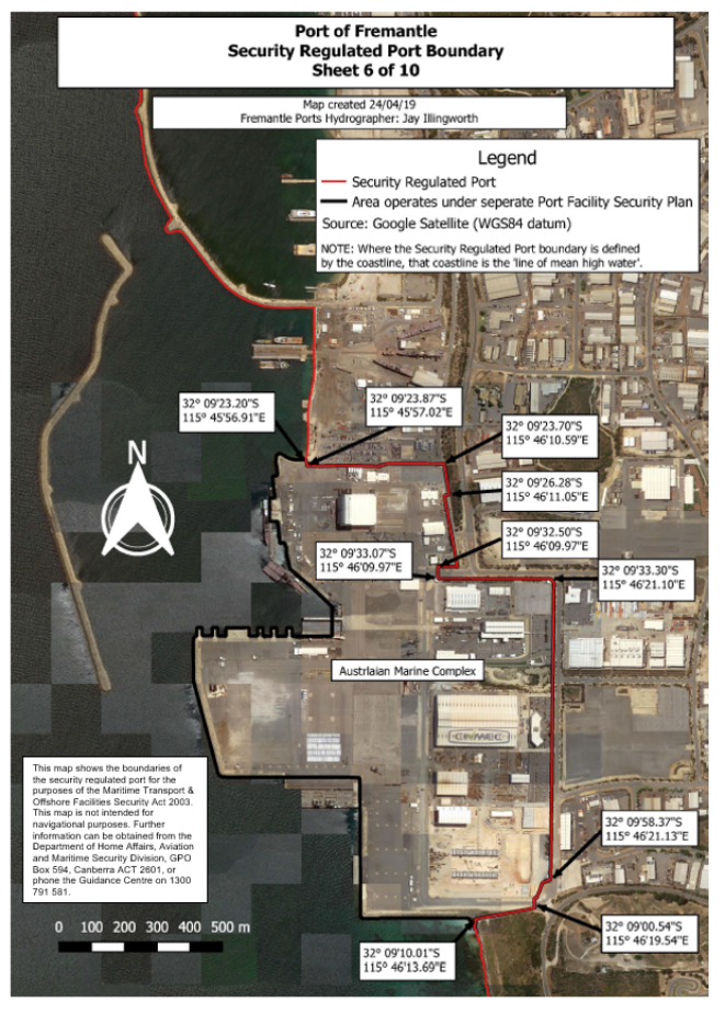 This is a map [map 6 of 10] of the Port of Fremantle
which has been declared a security regulated port. The map shows the
boundaries of the security regulated port for the purposes of section 13 of
the Maritime Transport and Offshore Facilities Security Act 2003.
