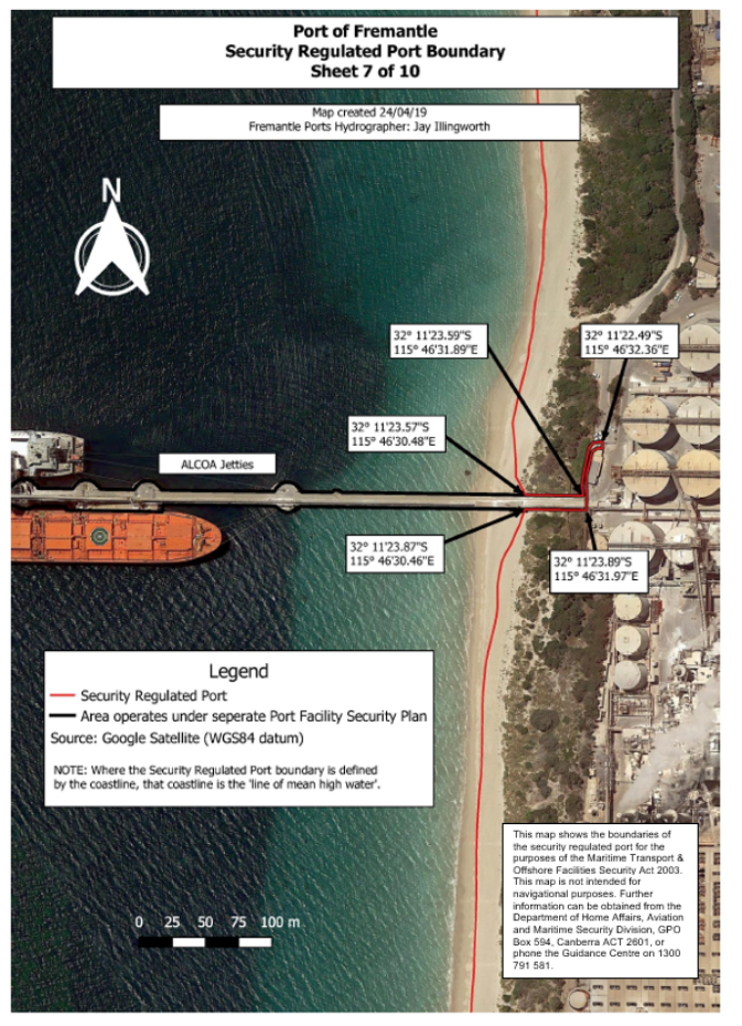 This is a map [map 7 of 10] of the Port of Fremantle
which has been declared a security regulated port. The map shows the
boundaries of the security regulated port for the purposes of section 13 of
the Maritime Transport and Offshore Facilities Security Act 2003.
