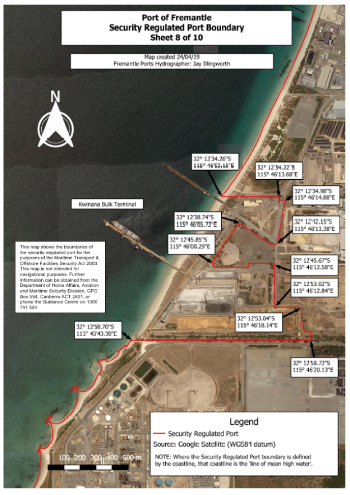 This is a map [map 8 of 10] of the Port of Fremantle
which has been declared a security regulated port. The map shows the
boundaries of the security regulated port for the purposes of section 13 of
the Maritime Transport and Offshore Facilities Security Act 2003.
