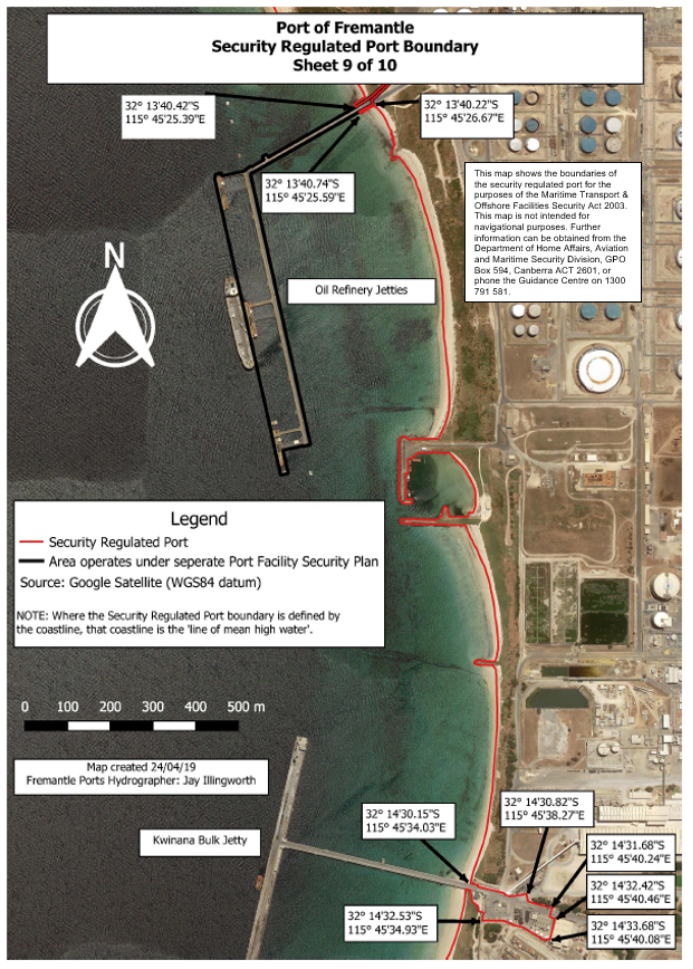 This is a map [map 9 of 10] of the Port of Fremantle
which has been declared a security regulated port. The map shows the
boundaries of the security regulated port for the purposes of section 13 of
the Maritime Transport and Offshore Facilities Security Act 2003.
