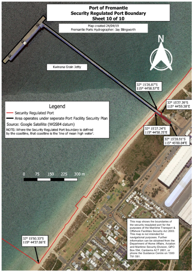 This is a map [map 10 of 10] of the Port of Fremantle
which has been declared a security regulated port. The map shows the
boundaries of the security regulated port for the purposes of section 13 of
the Maritime Transport and Offshore Facilities Security Act 2003.
