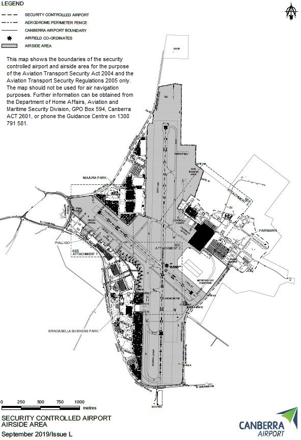 This is a map [map 1 of 4] of Canberra Airport which has been declared a security controlled airport. The map establishes airport boundaries and airside areas for the purposes of section 28 and section 29 of the Aviation Transport Security Act 2004.