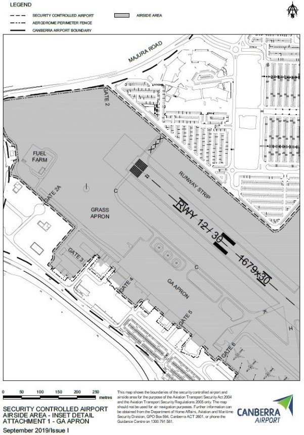 This is a map [map 2 of 4] of Canberra Airport which has been declared a security controlled airport. The map establishes airport boundaries and airside areas for the purposes of section 28 and section 29 of the Aviation Transport Security Act 2004.