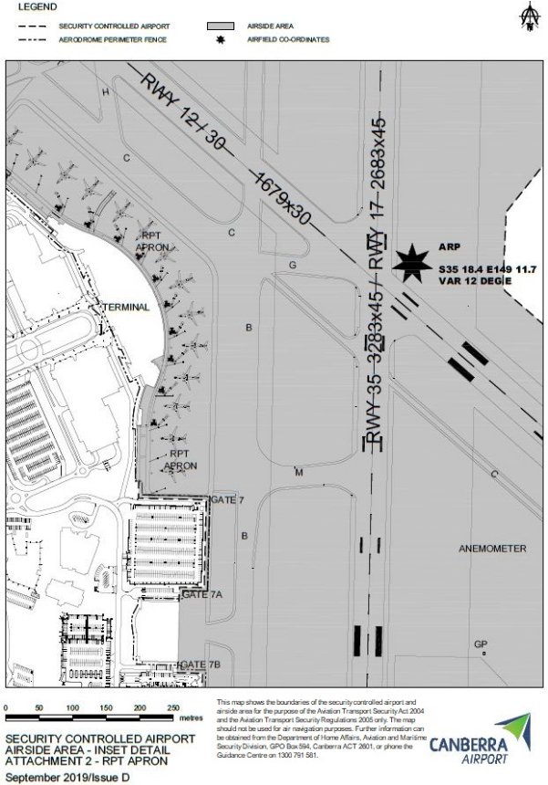 This is a map [map 3 of 4] of Canberra Airport which has been declared a security controlled airport. The map establishes airport boundaries and airside areas for the purposes of section 28 and section 29 of the Aviation Transport Security Act 2004.