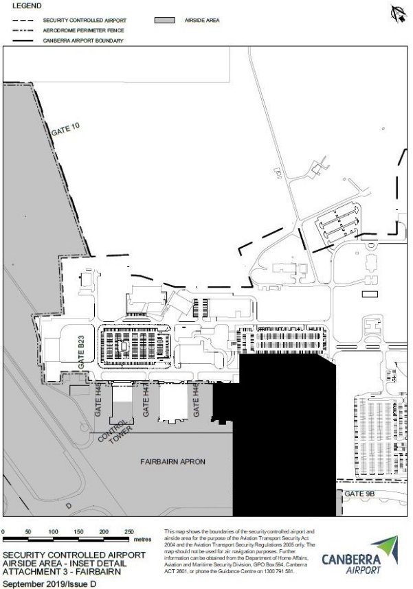 This is a map [map 4 of 4] of Canberra Airport which has been declared a security controlled airport. The map establishes airport boundaries and airside areas for the purposes of section 28 and section 29 of the Aviation Transport Security Act 2004.