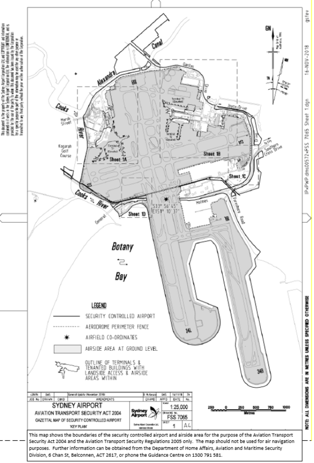 This is a map [map 1 of 5] of Sydney Airport which has been declared a security controlled airport. The map establishes airport boundaries and airside areas for the purposes of section 28 and section 29 of the Aviation Transport Security Act 2004.