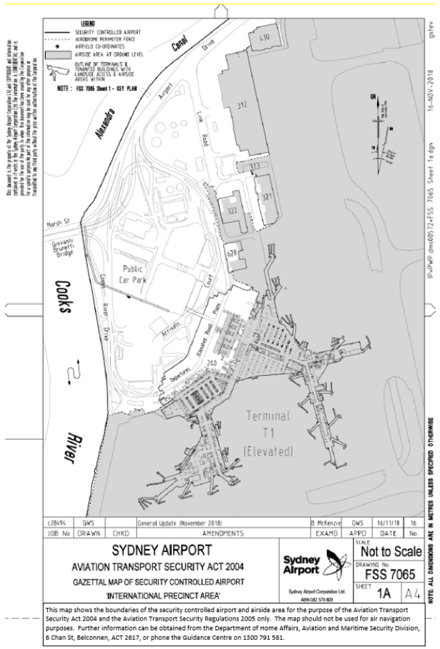 This is a map [map 2 of 5] of Sydney Airport which has been declared a security controlled airport. The map establishes airport boundaries and airside areas for the purposes of section 28 and section 29 of the Aviation Transport Security Act 2004.