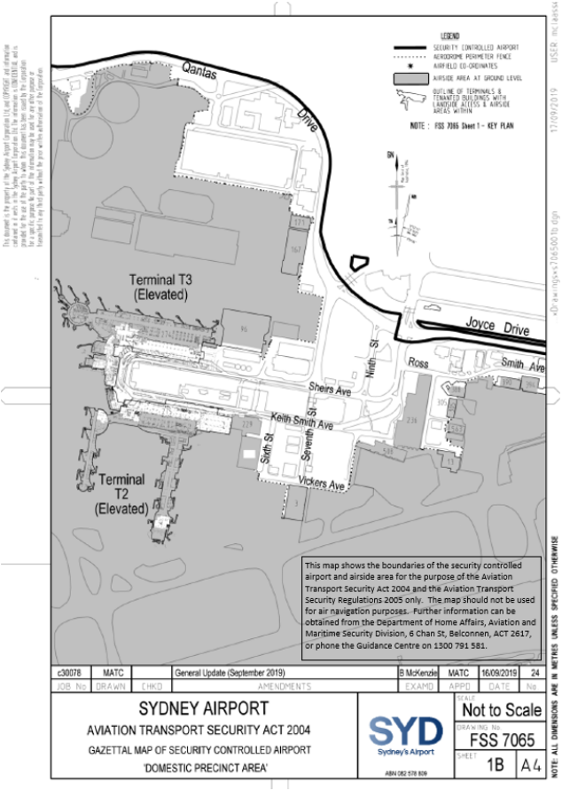 This is a map [map 3 of 5] of Sydney Airport which has been declared a security controlled airport. The map establishes airport boundaries and airside areas for the purposes of section 28 and section 29 of the Aviation Transport Security Act 2004.