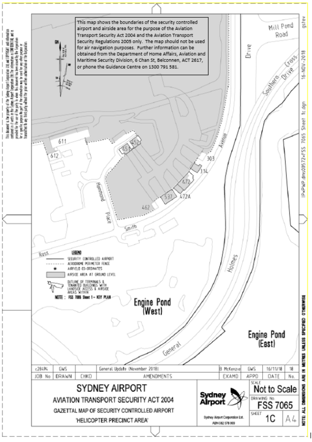 This is a map [map 4 of 5] of Sydney Airport which has been declared a security controlled airport. The map establishes airport boundaries and airside areas for the purposes of section 28 and section 29 of the Aviation Transport Security Act 2004.