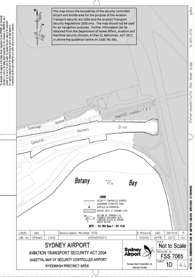 This is a map [map 5 of 5] of Sydney Airport which has been declared a security controlled airport. The map establishes airport boundaries and airside areas for the purposes of section 28 and section 29 of the Aviation Transport Security Act 2004.