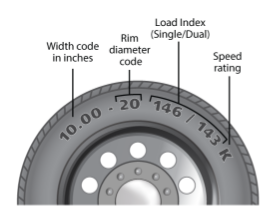 Diagramme showing which number on a bias belted tyre shows the width of the tyre in inches.  