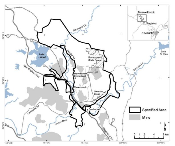 Figure 1. A map showing the Specified Area of Ravensworth Estate, Bowmans Creek and Glennies Creek, New South Wales