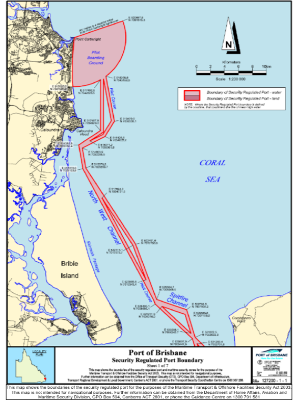 This a map (map 1 of 7) of the Port of Port of Brisbane which has been declared a security regulated port. The map shows the boundaries of the security regulated port for the purposes of section 13 of the Maritime Transport and Offshore Security Act 2003