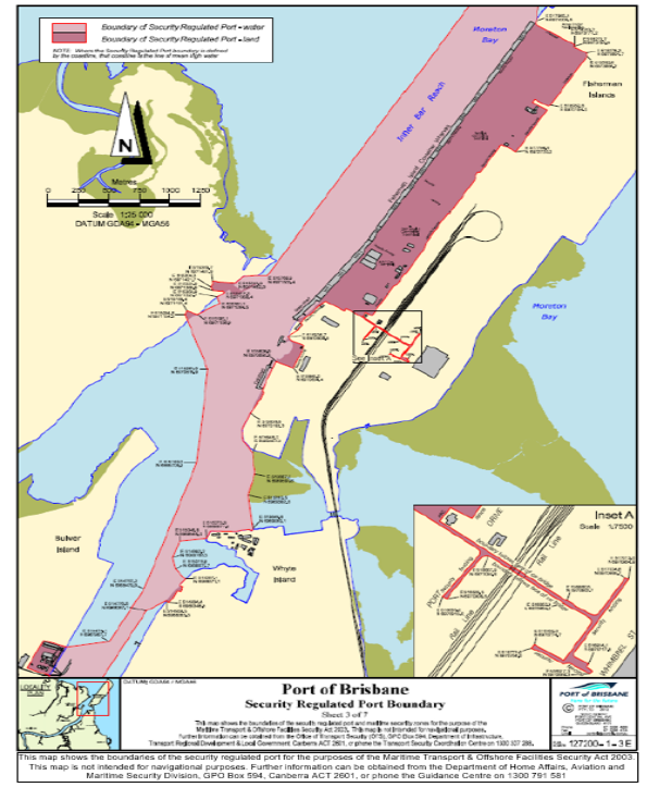 This a map (map 3 of 7) of the Port of Port of Brisbane which has been declared a security regulated port. The map shows the boundaries of the security regulated port for the purposes of section 13 of the Maritime Transport and Offshore Security Act 2003