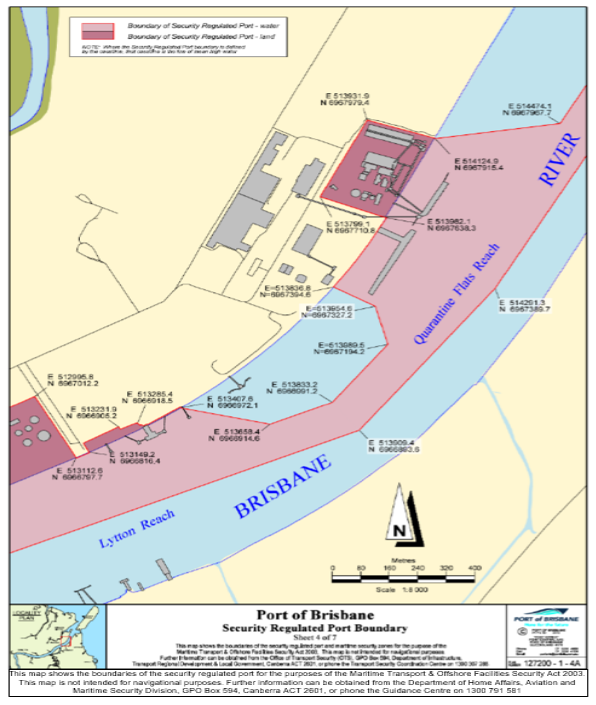 This a map (map 4 of 7) of the Port of Port of Brisbane which has been declared a security regulated port. The map shows the boundaries of the security regulated port for the purposes of section 13 of the Maritime Transport and Offshore Security Act 2003