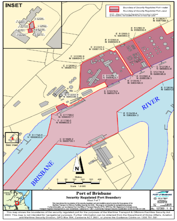 This a map (map 5 of 7) of the Port of Port of Brisbane which has been declared a security regulated port. The map shows the boundaries of the security regulated port for the purposes of section 13 of the Maritime Transport and Offshore Security Act 2003