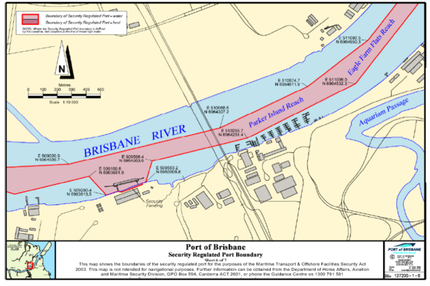 This a map (map 6 of 7) of the Port of Port of Brisbane which has been declared a security regulated port. The map shows the boundaries of the security regulated port for the purposes of section 13 of the Maritime Transport and Offshore Security Act 2003
