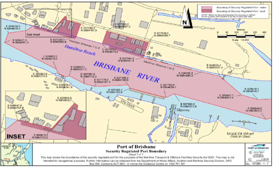 This a map (map 7 of 7) of the Port of Port of Brisbane which has been declared a security regulated port. The map shows the boundaries of the security regulated port for the purposes of section 13 of the Maritime Transport and Offshore Security Act 2003