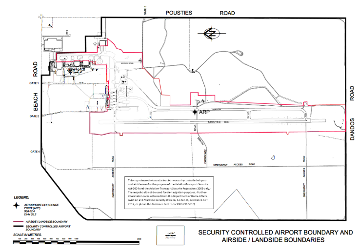 This is a map of Avalon Airport, which has been declared a security controlled airport. The map establishes airport boundaries and airside areas for the purposes of section 28 and section 29 of the Aviation Transport Security Act 2004.