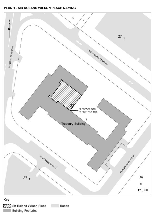 Drawing showing the location of Sir Roland Wilson Place, located in the western portion of the central courtyard of the Treasury Building. 