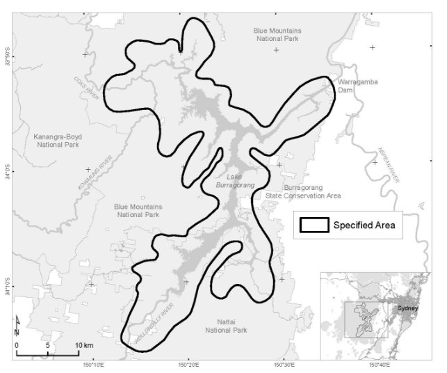 Map showing the specified area of Burragorang Valley, near Warragamba, New South Wales.