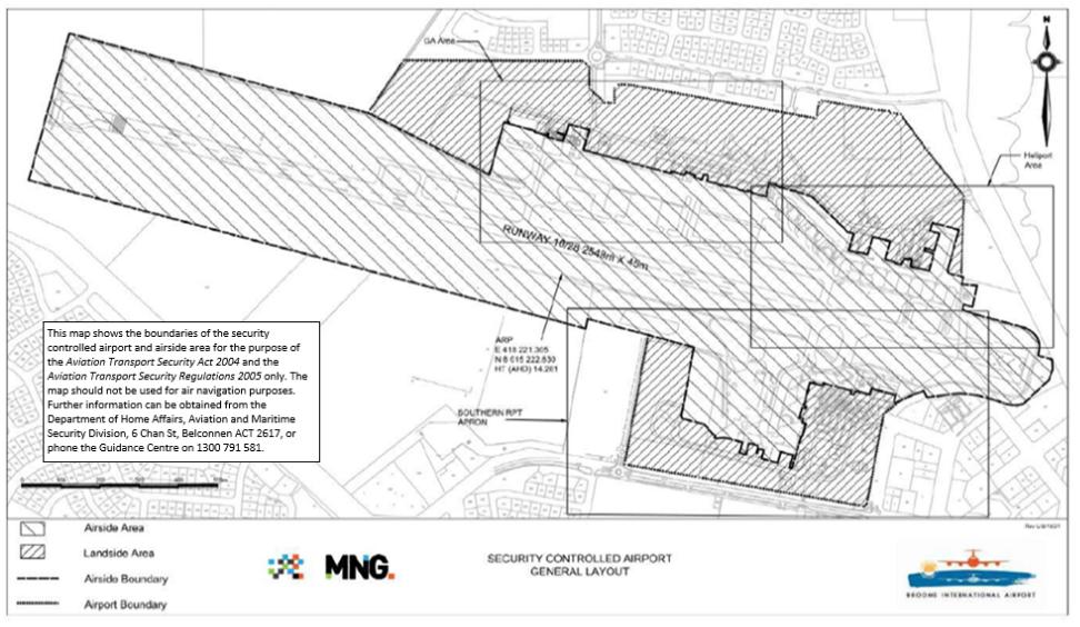 This is a map 1 of 4 of Broome International Airport, which has been declared a security controlled airport. The map establishes airport boundaries and airside areas for the purposes of section 28 and section 29 of the Aviation Transport Security Act 2004. 