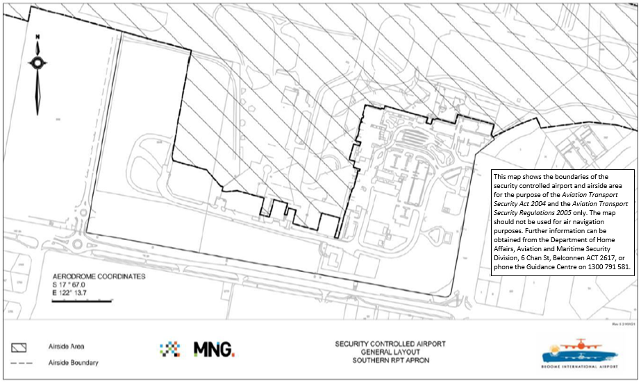 This is map 2 of 4 of Broome International Airport, which has been declared a security controlled airport. The map establishes airport boundaries and airside areas for the purposes of section 28 and section 29 of the Aviation Transport Security Act 2004. 