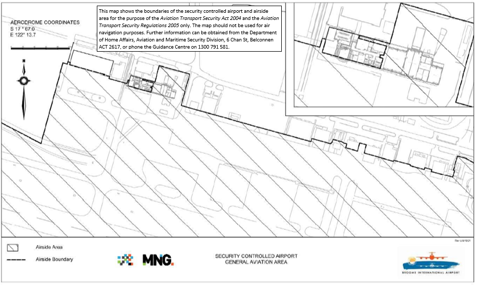 This is map 3 of 4 of Broome International Airport, which has been declared a security controlled airport. The map establishes airport boundaries and airside areas for the purposes of section 28 and section 29 of the Aviation Transport Security Act 2004. 