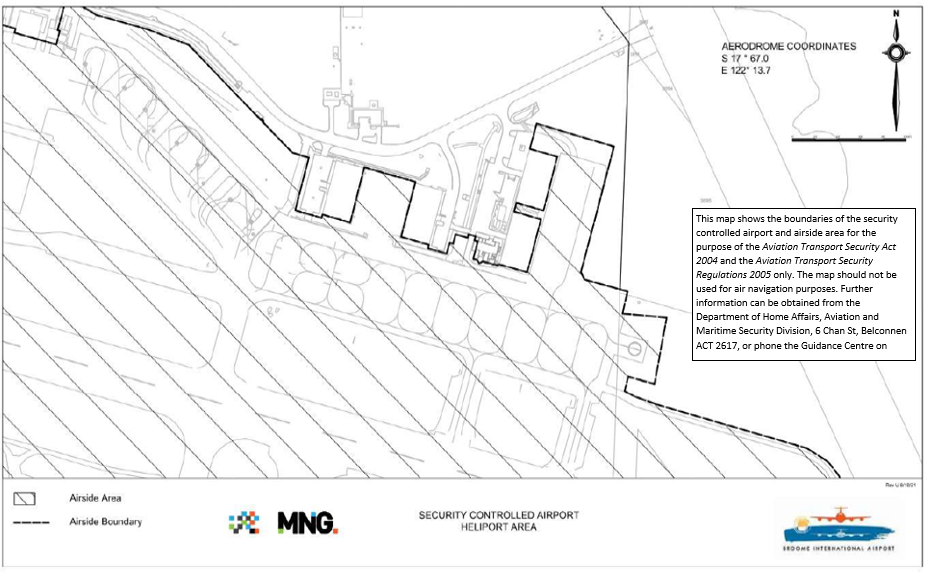 This is map 4 of 4 of Broome International Airport, which has been declared a security controlled airport. The map establishes airport boundaries and airside areas for the purposes of section 28 and section 29 of the Aviation Transport Security Act 2004. 