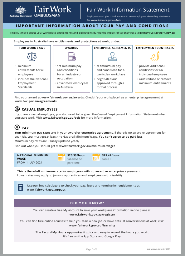 Image of page 1 of 3 of the Fair Work Information Statement
The Fair Work Information Statement is available at / can be downloaded at www.fairwork.gov.au/FWIS 