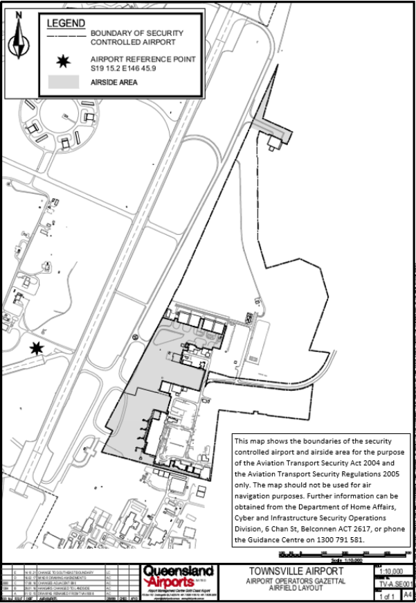 This is a map of Townsville Airport which has been declared a security controlled airport. The map establishes airport boundaries and airside areas for the purposes of section 28 and section 29 of the Aviation Transport Security Act 2004. 