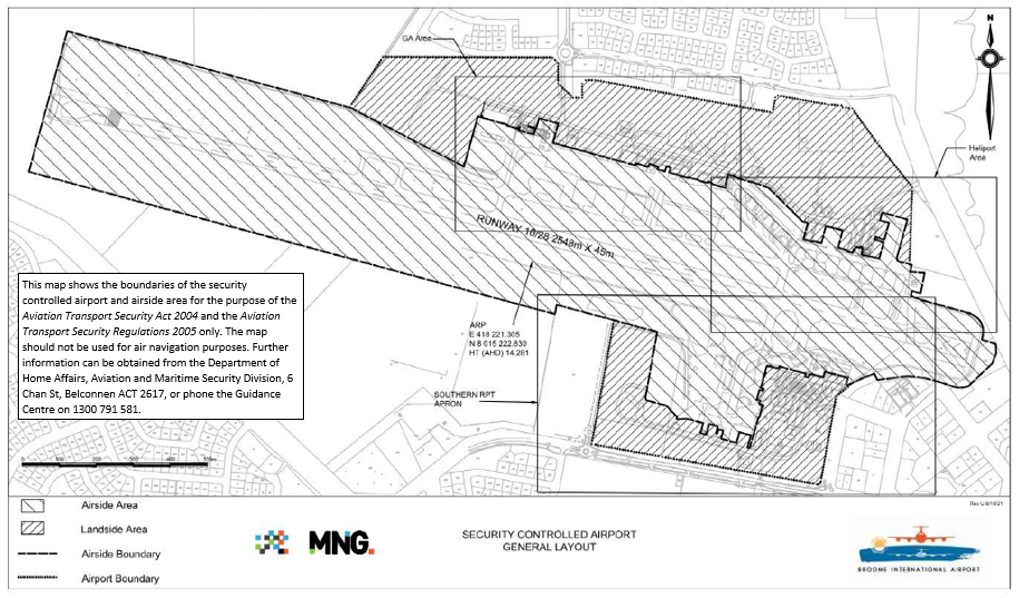 This is Map 1 of 4 - of Broome International Airport which has been declared a security controlled airport. The map establishes airport boundaries and airside areas for the purposes of section 28 and section 29 of the Aviation Transport Security Act 2004.