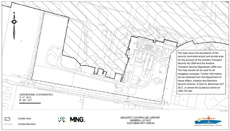 This is Map 2 of 4 - of Broome International Airport which has been declared a security controlled airport. The map establishes airport boundaries and airside areas for the purposes of section 28 and section 29 of the Aviation Transport Security Act 2004.