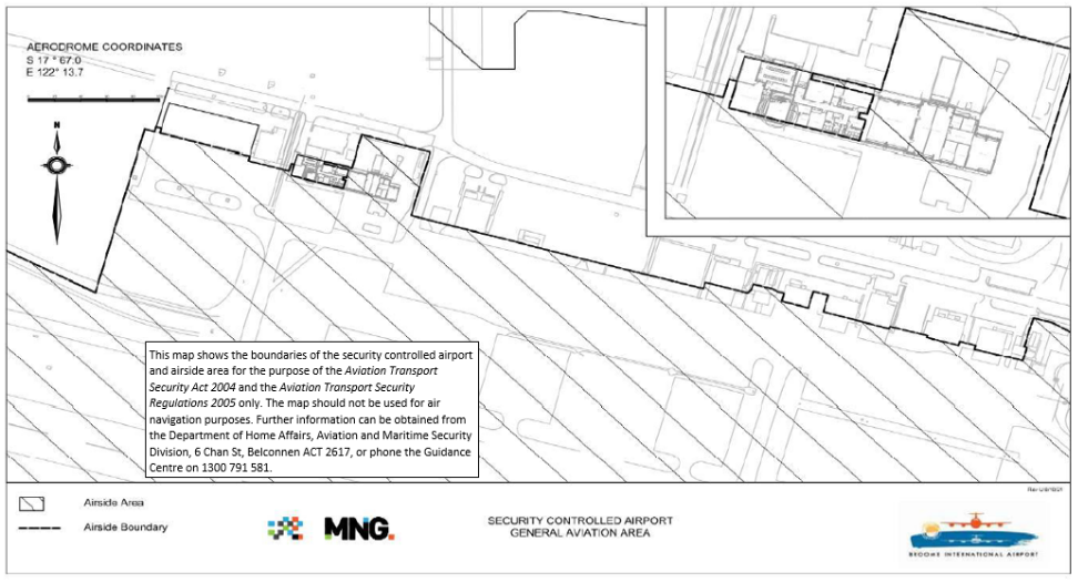 This is Map 3 of 4 - of Broome International Airport which has been declared a security controlled airport. The map establishes airport boundaries and airside areas for the purposes of section 28 and section 29 of the Aviation Transport Security Act 2004.