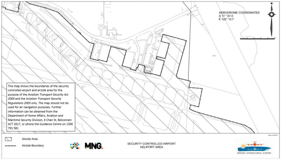 This is Map 4 of 4 - of Broome International Airport which has been declared a security controlled airport. The map establishes airport boundaries and airside areas for the purposes of section 28 and section 29 of the Aviation Transport Security Act 2004.