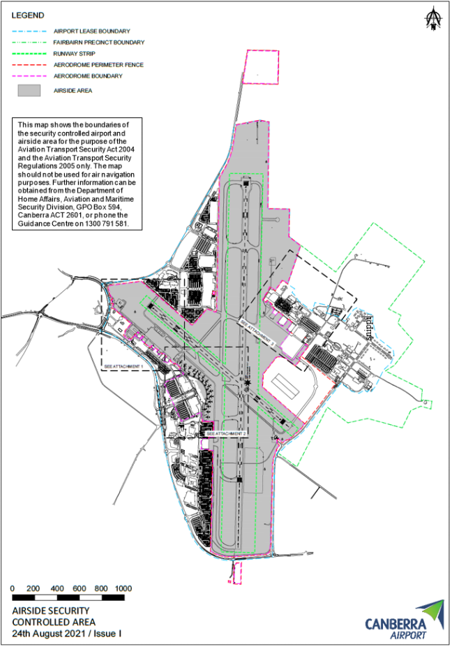 This is a map 1 of 4 of Canberra Airport, which has been declared a security controlled airport. The map establishes airport boundaries and airside areas for the purposes of section 28 and section 29 of the Aviation Transport Security Act 2004.