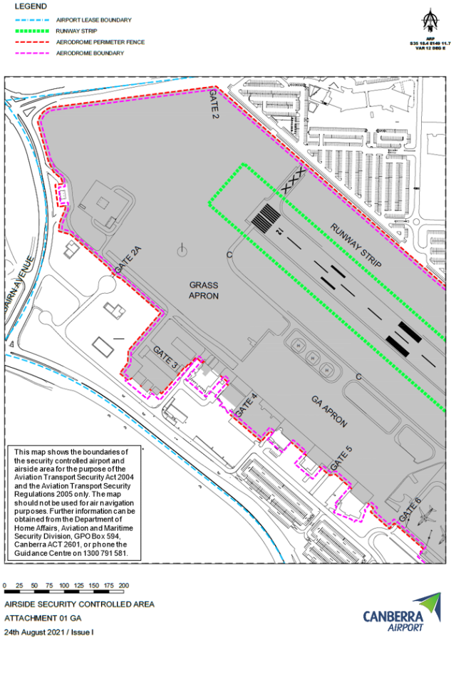 This is a map 2 of 4 of Canberra Airport, which has been declared a security controlled airport. The map establishes airport boundaries and airside areas for the purposes of section 28 and section 29 of the Aviation Transport Security Act 2004.