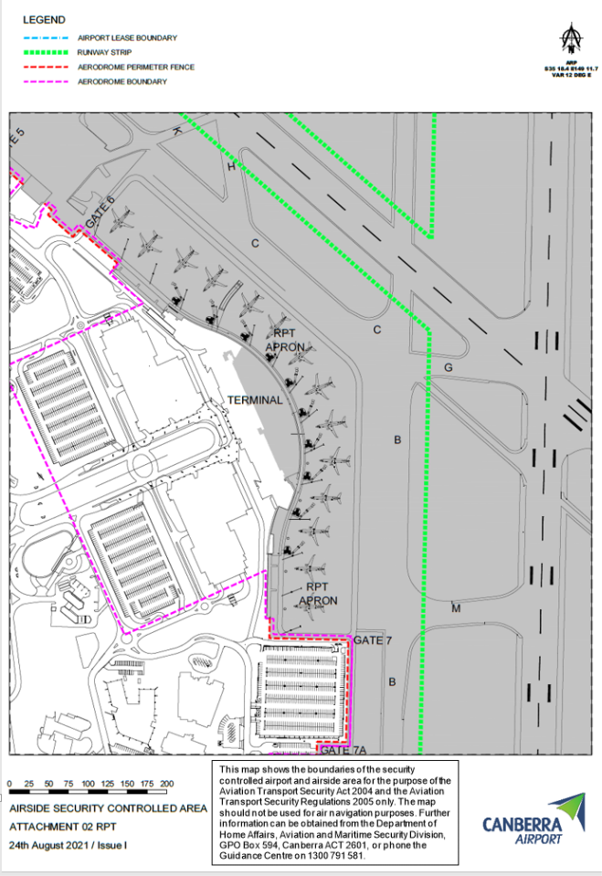 This is a map 3 of 4 of Canberra Airport, which has been declared a security controlled airport. The map establishes airport boundaries and airside areas for the purposes of section 28 and section 29 of the Aviation Transport Security Act 2004.