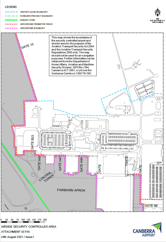 This is a map 4 of 4 of Canberra Airport, which has been declared a security controlled airport. The map establishes airport boundaries and airside areas for the purposes of section 28 and section 29 of the Aviation Transport Security Act 2004.