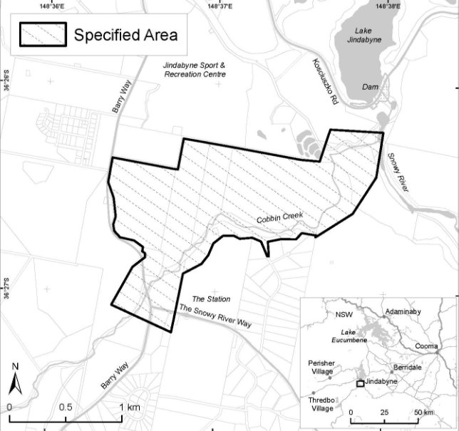 Figure 1 - Map showing the specified area being 415 and 417 Barry Way, near Cobbin Creek, Jindabyne, New South Wales.