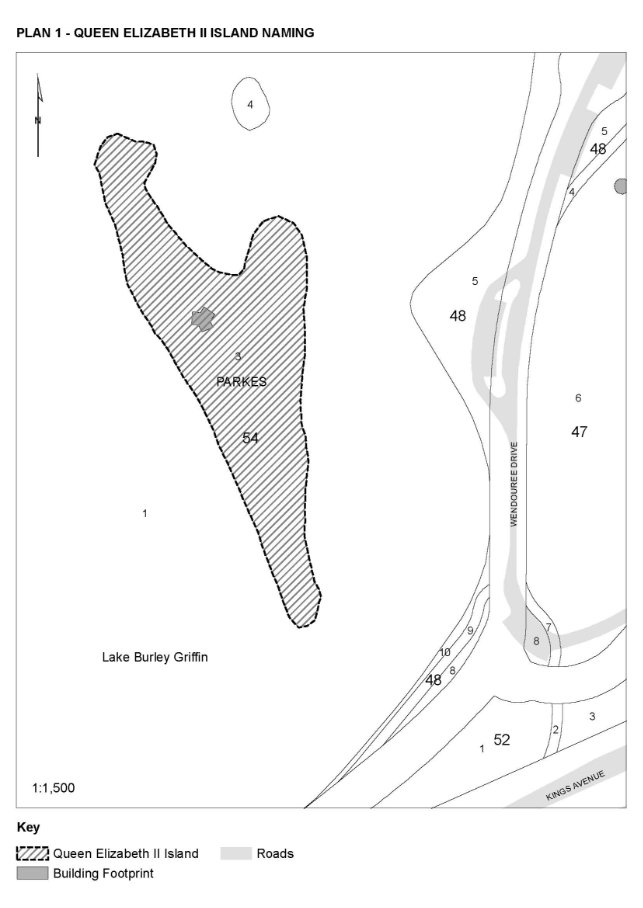 Map showing location of Queen Elizabeth II Island within Lake Burley Griffin. 